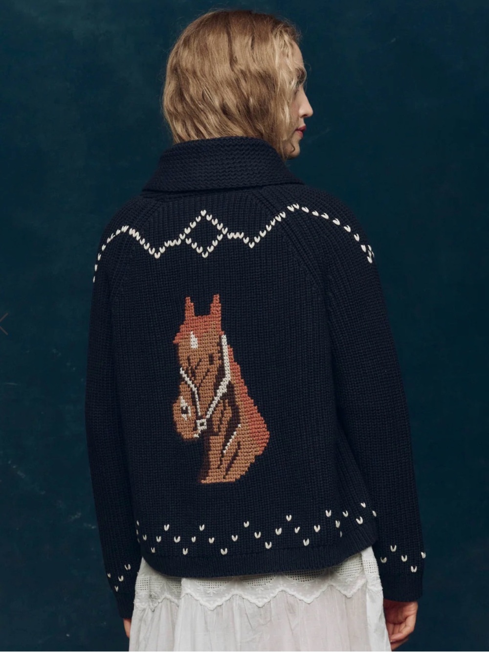 THE GREAT. Navy Lodge Horse Cardigan - Picture 2 of 4